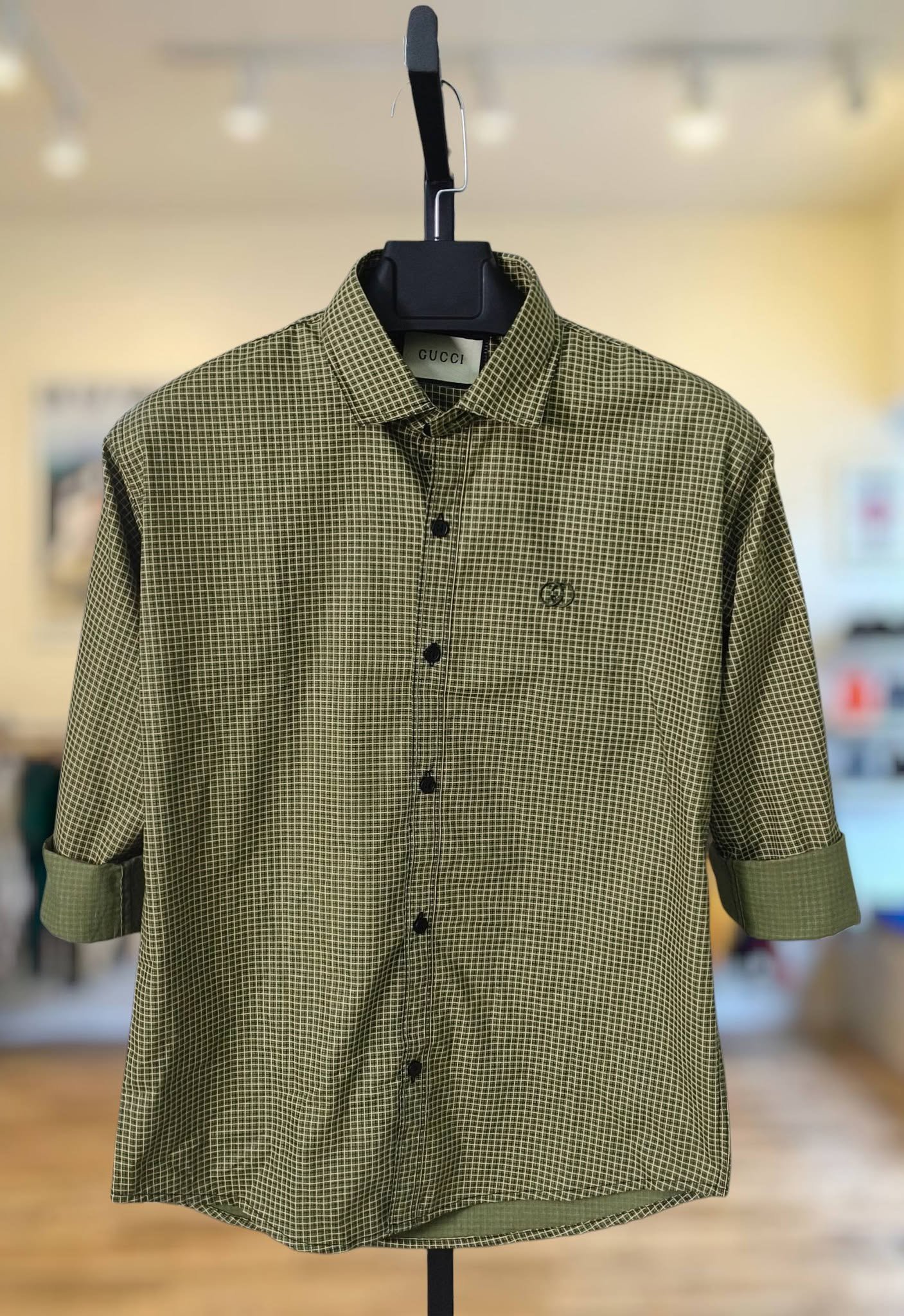 Olive Green Check Cotton Shirt