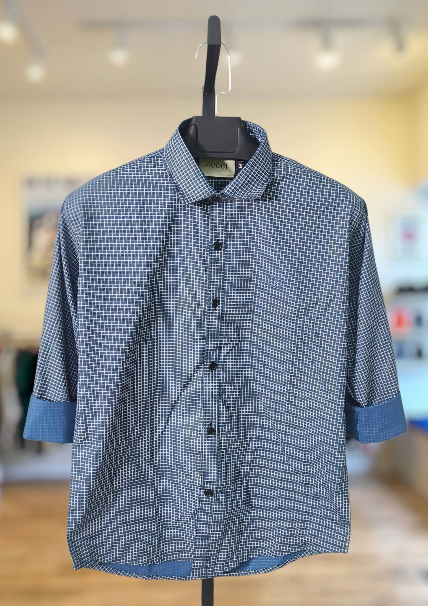 Navy Blue Check Cotton Shirt